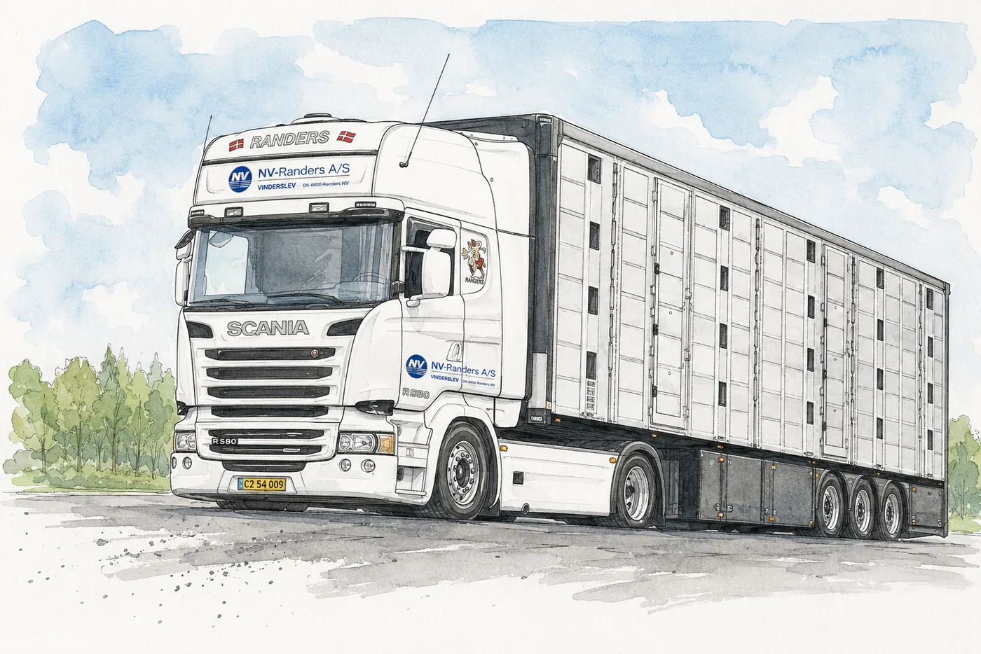 Aquarell des Scania-Schweinetransporters von NV-Randers mit speziell gebautem Anhänger
